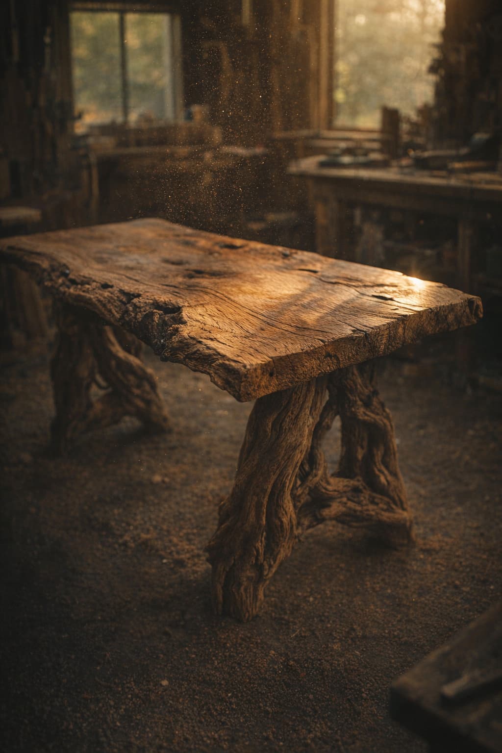 Handcrafted reclaimed driftwood table in warm workshop light for Madison Timber Company Instagram post