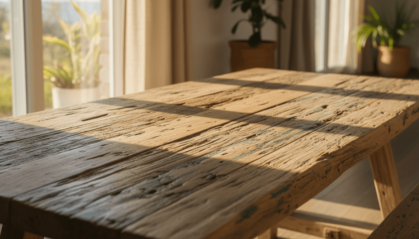 Custom handcrafted dining table made from reclaimed Lake Erie driftwood with natural wood grain