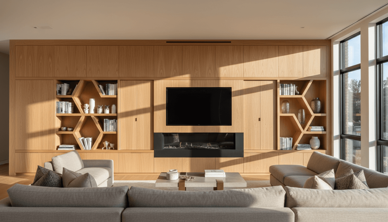 Floating wooden shelf from reclaimed timber in living space