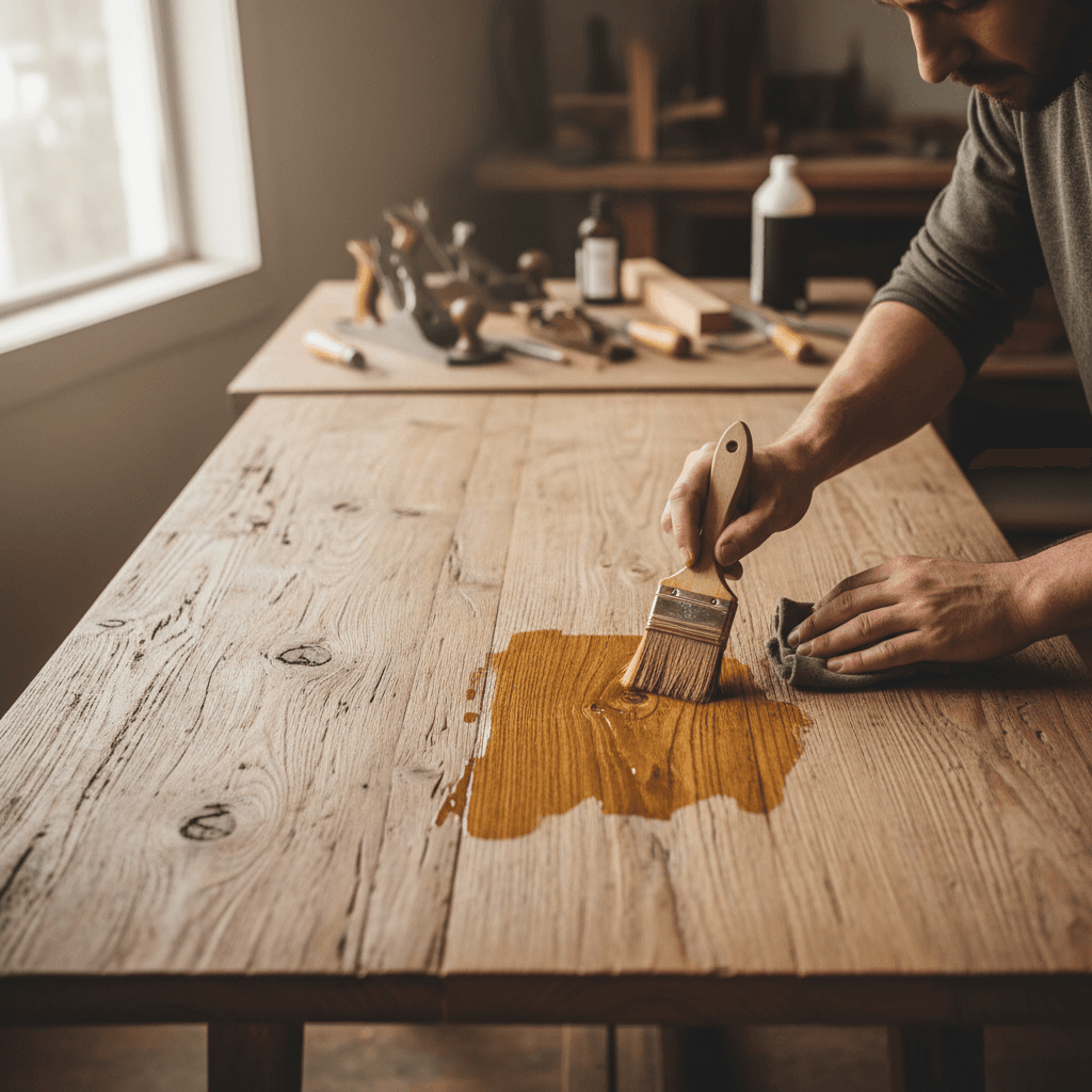Close-up of a custom wooden table made from reclaimed driftwood, showcasing natural grain and wood texture