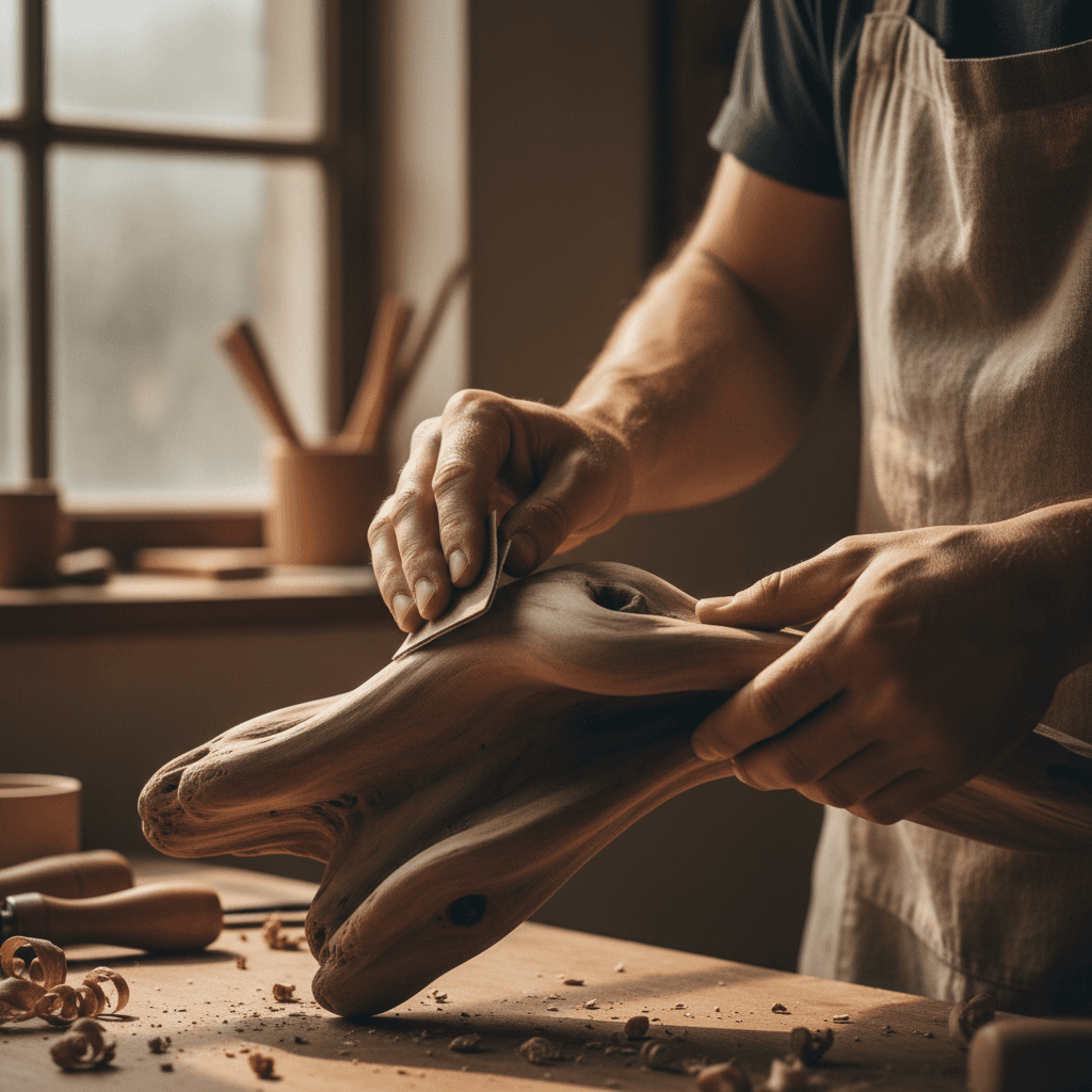 Close-up of reclaimed driftwood showing natural wood grain and weathered texture