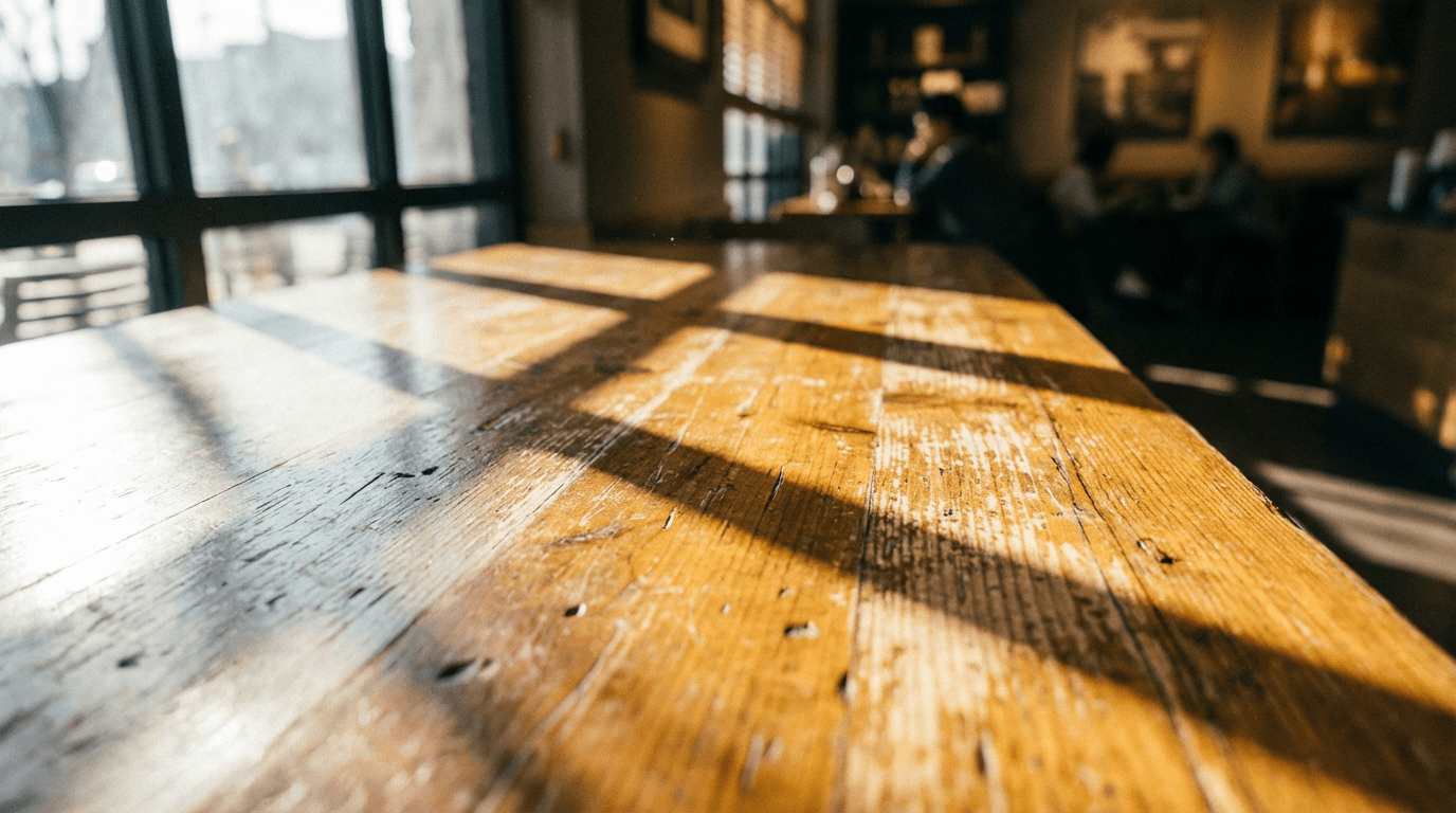 Coffee table crafted from reclaimed driftwood with metal accents and glass surface